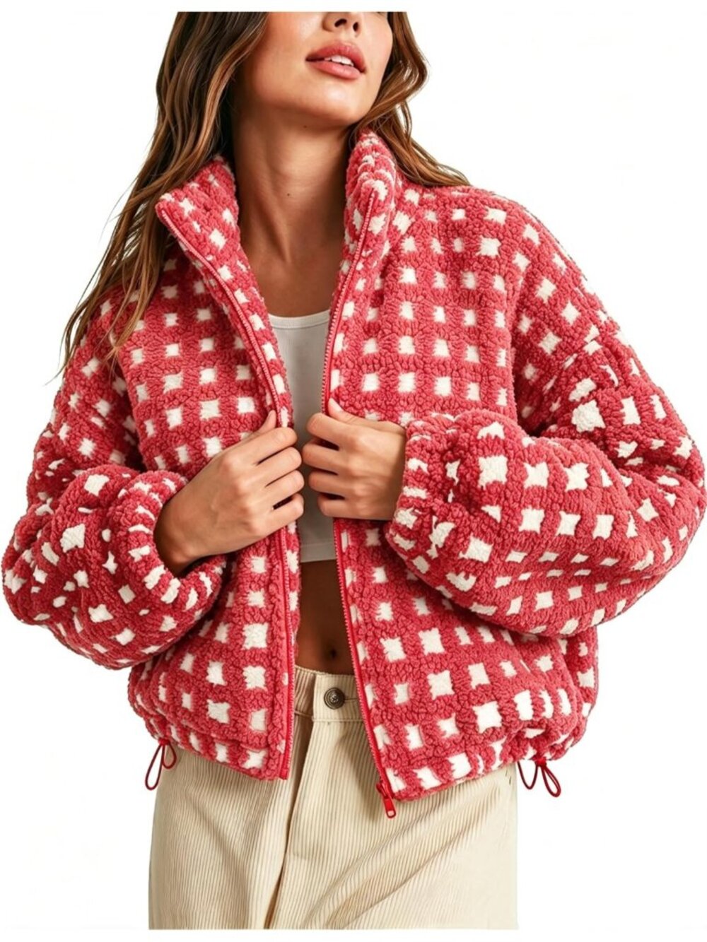 Women's Red Long Sleeve Fuzzy ZIP Up Warm Coat Sherpa Fleece Jacket